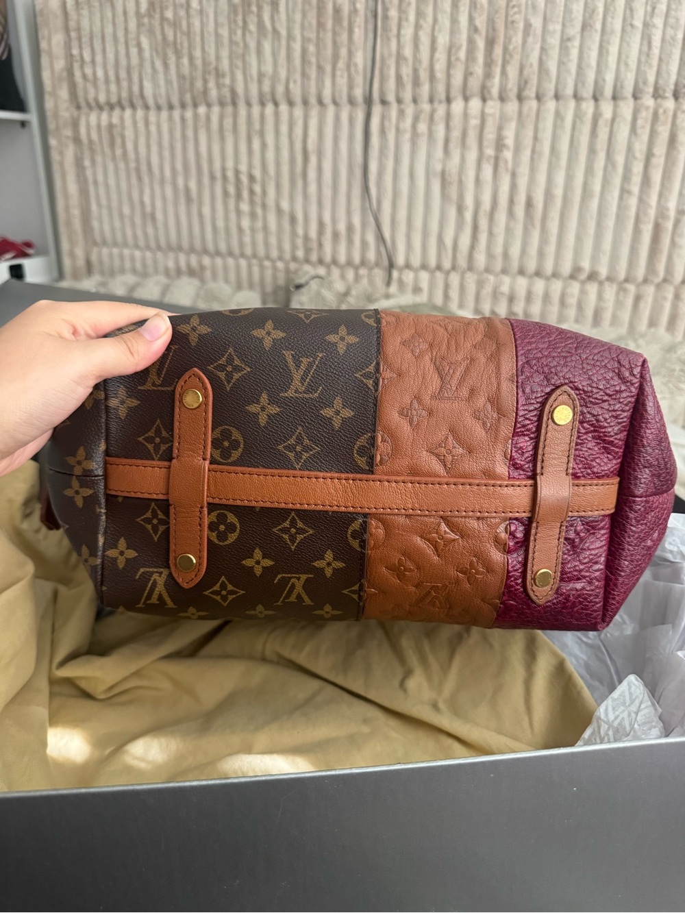 Louis Vuitton Brown, Tan & Burgundy Panelled Monogram Satchel - Picture 11 of 11